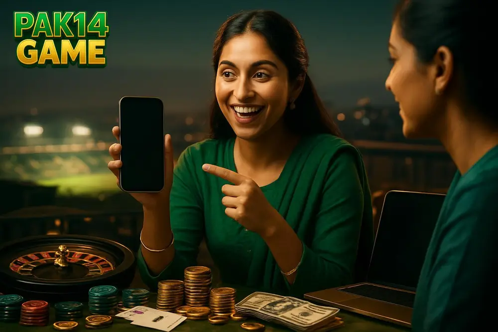 PAK14 GAME app โ a Pakistani woman showing her phone screen excitedly to a friend while sitting on a rooftop in the PAK14 GAME app โ a Pakistani woman showing her phone screen excitedly to a friend while sitting on a rooftop in the