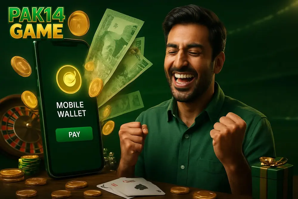 PAK14 GAME deposit โ a happy Pakistani man celebrating as glowing coins and rupee notes fan out around a mobile PAK14 GAME deposit โ a happy Pakistani man celebrating as glowing coins and rupee notes fan out around a mobile