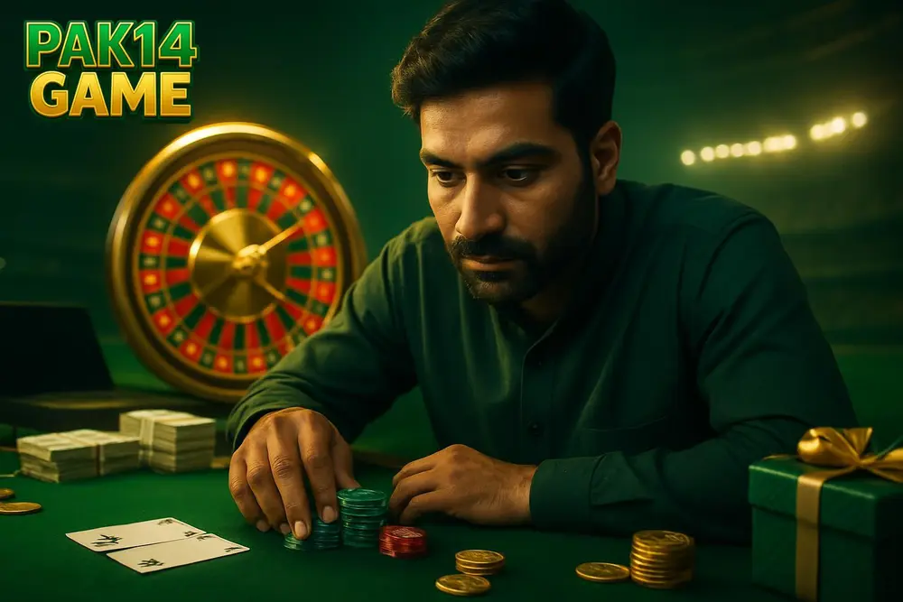 PAK14 GAME games — a Pakistani man leaning over a game table stacked with colorful chips as a spinning wheel glows