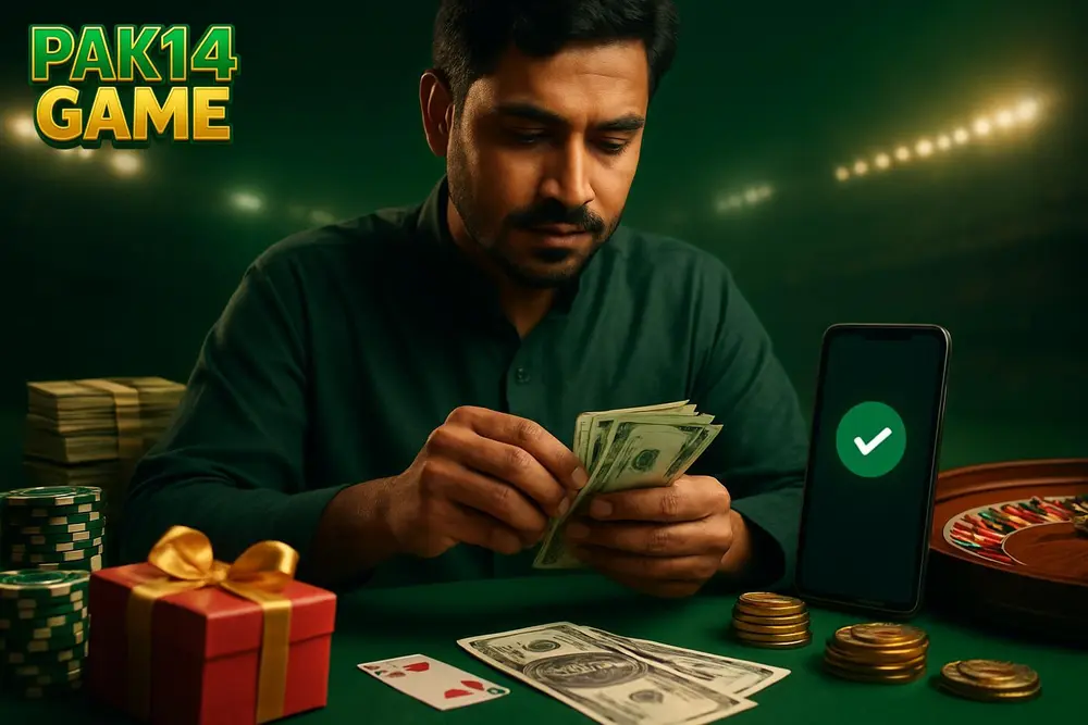 PAK14 GAME withdraw โ a Pakistani man counting cash at a small counter with a smartphone showing a payment PAK14 GAME withdraw โ a Pakistani man counting cash at a small counter with a smartphone showing a payment