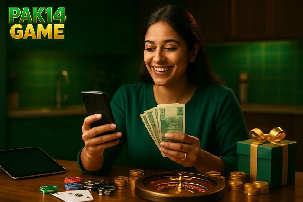 PAK14 GAME withdraw โ a cheerful Pakistani woman receiving a mobile wallet payout notification while holding rupee PAK14 GAME withdraw โ a cheerful Pakistani woman receiving a mobile wallet payout notification while holding rupee